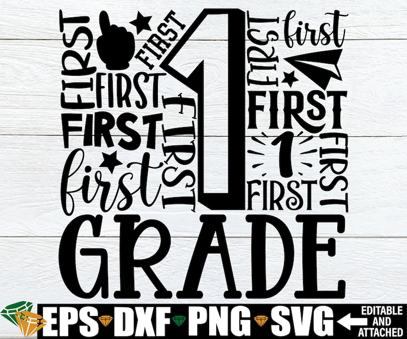 May include: Black and white graphic design with the number one and the words "first grade" repeated multiple times. The number one is stylized to look like a schoolhouse.