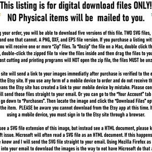 May include: Text on a white background with a green and gold diamond on each side. The text reads: 'This listing is for digital download files ONLY! NO Physical items will be mailed to you.' The text below explains how to download the files and what to do if you have issues with the download.