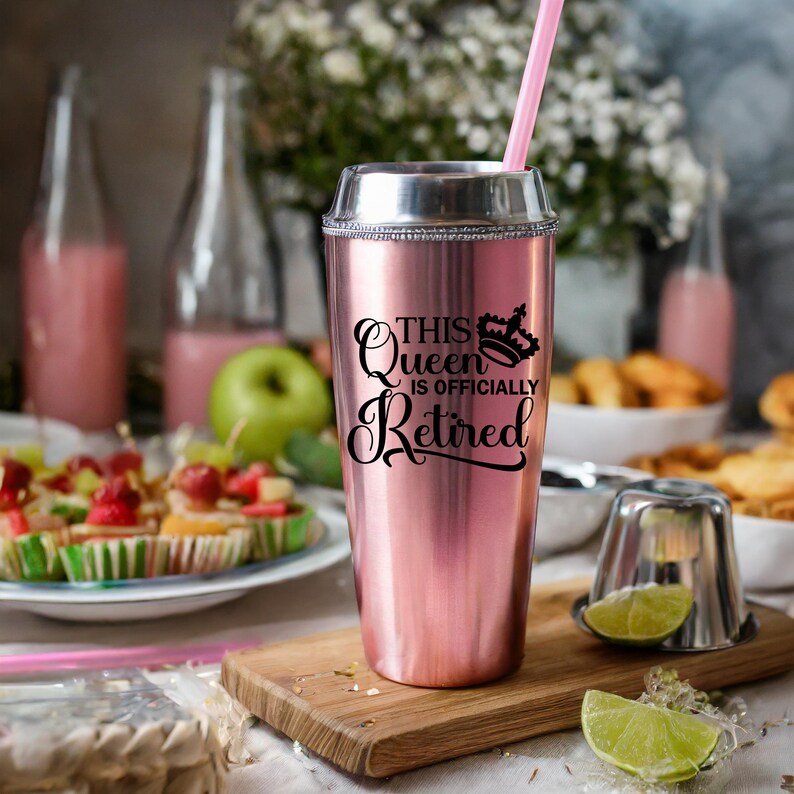 May include: A pink stainless steel tumbler with a black design that says "This Queen is Officially Retired" with a crown above the word "Queen".