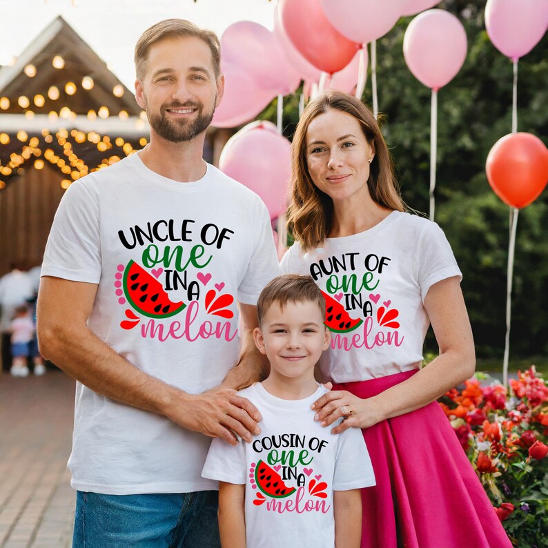May include: White t-shirts with watermelon graphics and the text "Uncle of one in a melon", "Aunt of one in a melon", and "Cousin of one in a melon".
