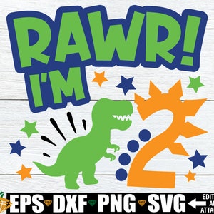 Rawr I'm 2, Ragazzi 2° compleanno in formato SVG, 2° compleanno di dinosauro in formato SVG, 2° compleanno di dinosauro camicia in formato SVG, 2° compleanno di dinosauro, download digitale, SVG