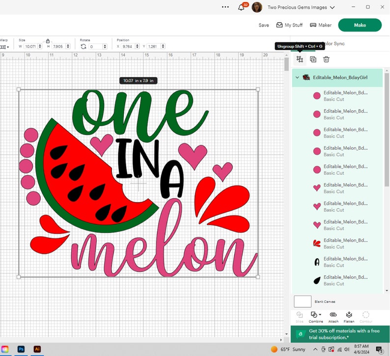 May include: A digital design for a watermelon-themed birthday party. The design features the text "one in a melon" in pink and green lettering with a red watermelon slice with black seeds and pink polka dots.