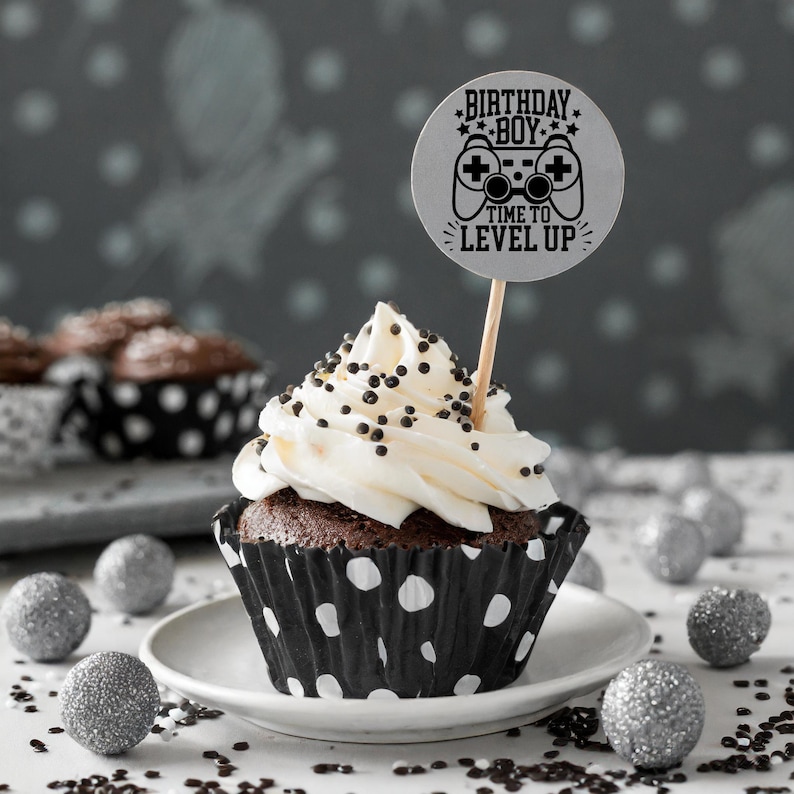 May include: A chocolate cupcake with white frosting and black sprinkles topped with a silver round cake topper that says "Birthday Boy Time to Level Up" with a black and white video game controller graphic.