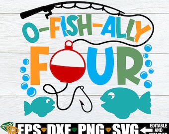 May include: A colourful graphic design with the text "O-Fish-Ally Four" and a fishing rod with a bobber. The design includes a blue fish, a red bobber, and blue and white polka dots.