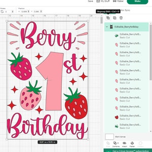 May include: A digital design for a first birthday party with the words "Berry 1st Birthday" in pink and red lettering. The design includes a large pink number one, strawberries, and stars.