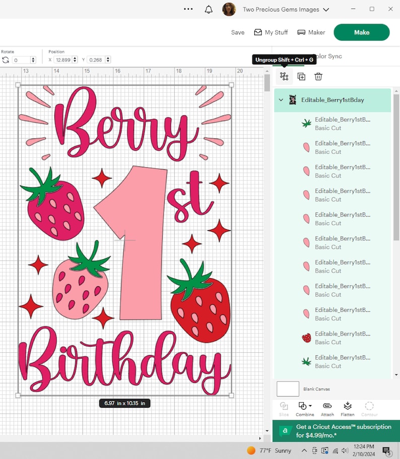 May include: A digital design for a first birthday party with the words "Berry 1st Birthday" in pink and red lettering. The design includes a large pink number one, strawberries, and stars.