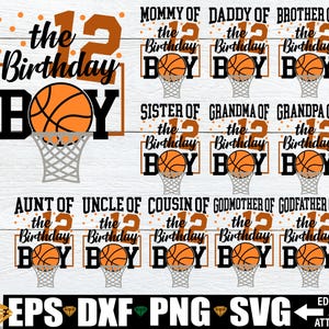 Basket-ball anniversaire svg png, svg 12e anniversaire, correspondant famille basket-ball anniversaire chemises svg, basket-ball anniversaire fer sur png, svg anniversaire