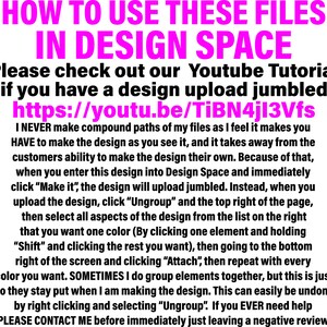 May include: Pink text on a white background with instructions on how to use design files in Design Space. The text includes a link to a YouTube tutorial: https://youtu.be/TiBN4jI3Vfs