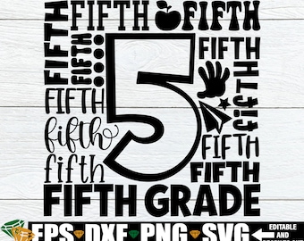 Può includere: Grafica in bianco e nero con il numero 5 circondato dalla parola "quinta" in vari caratteri e dimensioni. Il testo "QUINTA ELEMNETARE" è nella parte inferiore del design.