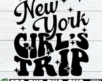 May include: Black and white graphic design with the text "New York Girl's Trip" in a retro font style. The design includes several small stars.