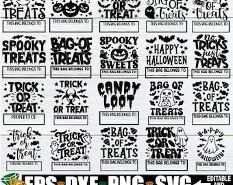 May include: A collection of twenty black and white Halloween-themed digital designs featuring phrases like Trick or Treat, Candy Loot, and Bag of Treats, each with a rectangular space labeled This Bag Belongs To for personalization and customization.
