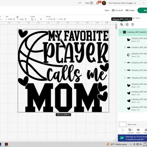 May include: Black and white design for a basketball themed SVG cut file. The design says "My Favorite Player Calls Me Mom" with a basketball and hearts.