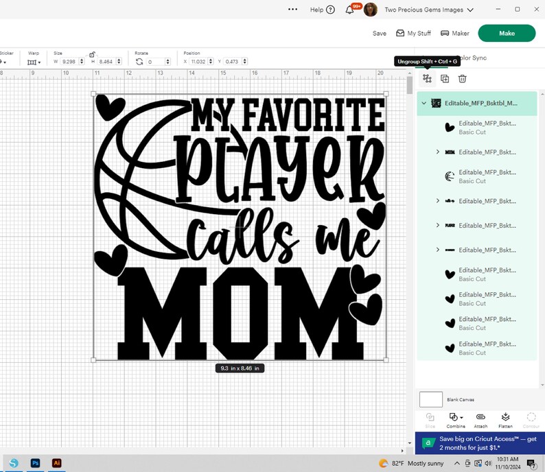 May include: Black and white design for a basketball themed SVG cut file. The design says "My Favorite Player Calls Me Mom" with a basketball and hearts.