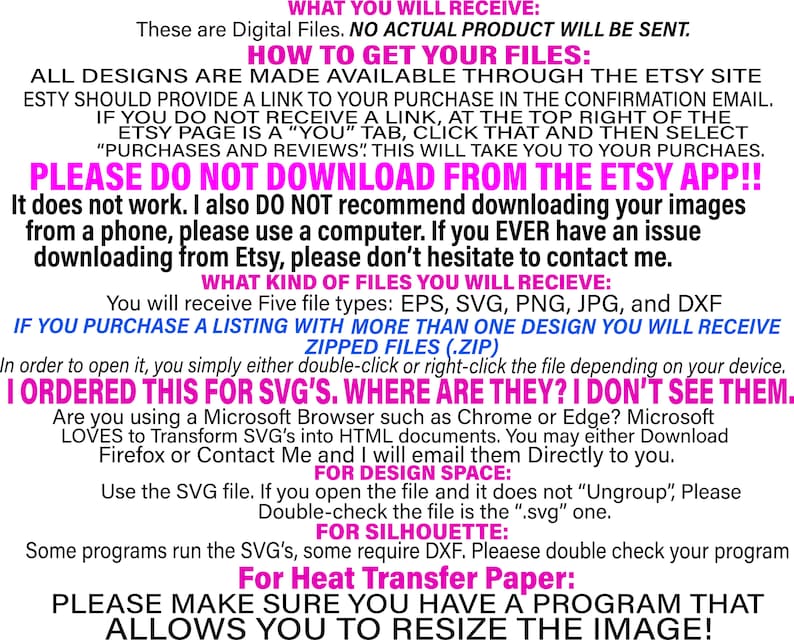 May include: A pink and white text graphic with the words "WHAT YOU WILL RECEIVE:" and "These are Digital Files. NO ACTUAL PRODUCT WILL BE SENT."  The text graphic also includes instructions on how to download digital files from Etsy. The text graphic also includes instructions on how to open SVG files in design software.