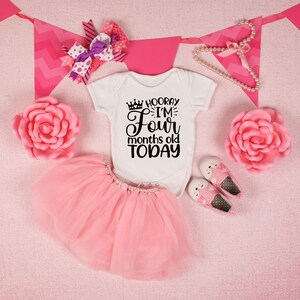 May include: A pink tutu, a white onesie with a crown and the text 'Hooray I'm Four months old TODAY', a pair of pink baby shoes, and two pink fabric flowers.