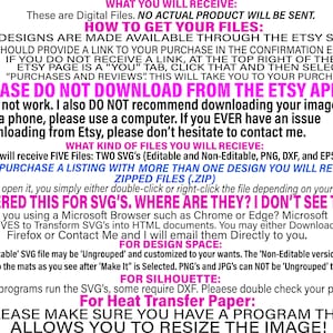 Może przedstawiać: R&oacute;żowy i biały tekst na czarnym tle z instrukcjami dotyczącymi pobierania plik&oacute;w cyfrowych z Etsy. Tekst brzmi "PLEASE DO NOT DOWNLOAD FROM THE ETSY APP!!" i "WHAT KIND OF FILES YOU WILL RECIEVE: You will receive FIVE Files: TWO SVG's (Editable and Non-Editable, PNG, DXF, and EPS)"