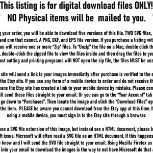 May include: Text on a white background explaining that this listing is for digital download files only and that no physical items will be mailed to the buyer. The text also explains how to download the files after purchase.