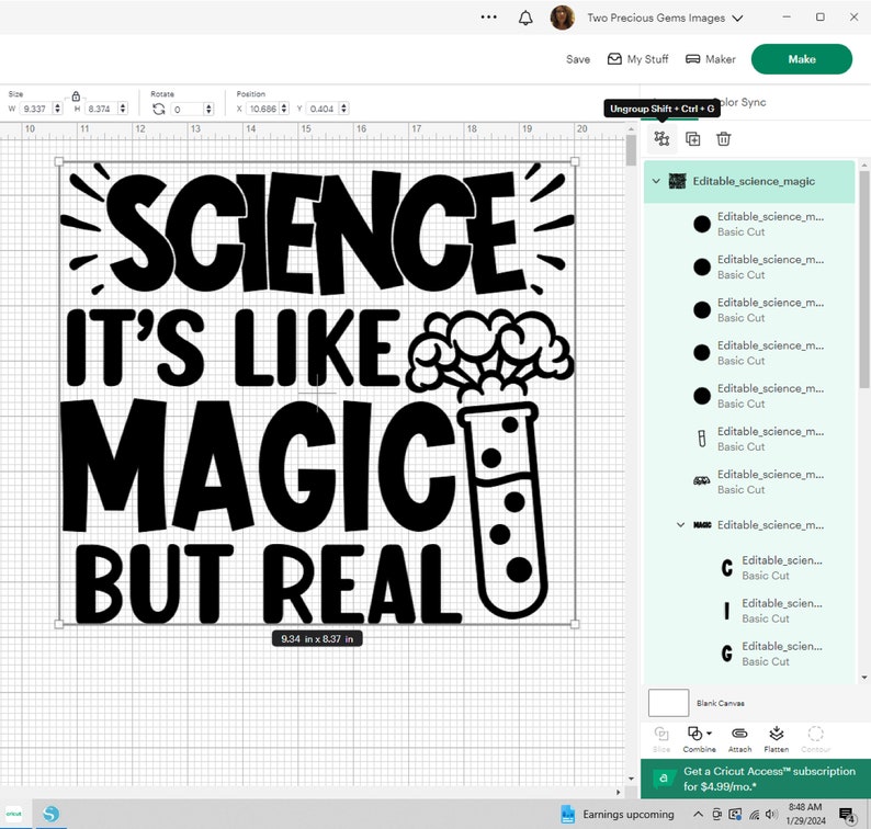 May include: Black and white design for a science-themed graphic. The text reads "Science It's Like Magic But Real". A beaker with bubbles is next to the text.