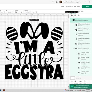 May include: Black and white digital design featuring two eggs, a bunny, and the text "I'm a little eggstra".