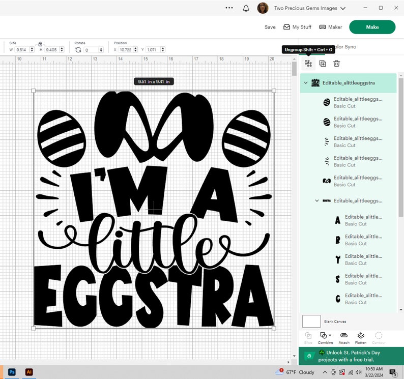 May include: Black and white digital design featuring two eggs, a bunny, and the text "I'm a little eggstra".