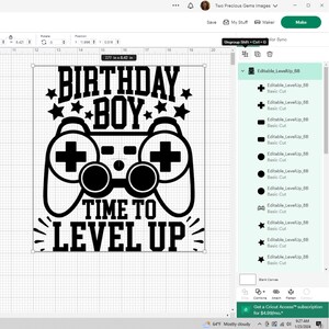 May include: Black and white design for a birthday card featuring a video game controller with the text "Birthday Boy Time to Level Up".