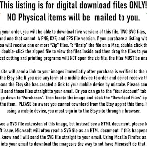 May include: Text on a white background explaining that this listing is for digital download files only and that no physical items will be mailed to the buyer. The text also explains how to download the files after purchase.