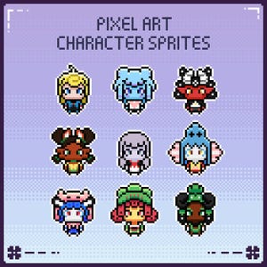 以下が含まれることがあります： 紫色の背景にピクセルアートのキャラクター スプライト。画像には、さまざまな髪型、衣装、配色を持つ 9 人のユニークなキャラクターが登場します。「PIXEL ART CHARACTER SPRITES」というテキストが上部にあります。各キャラクターはピクセル化されたスタイルです。