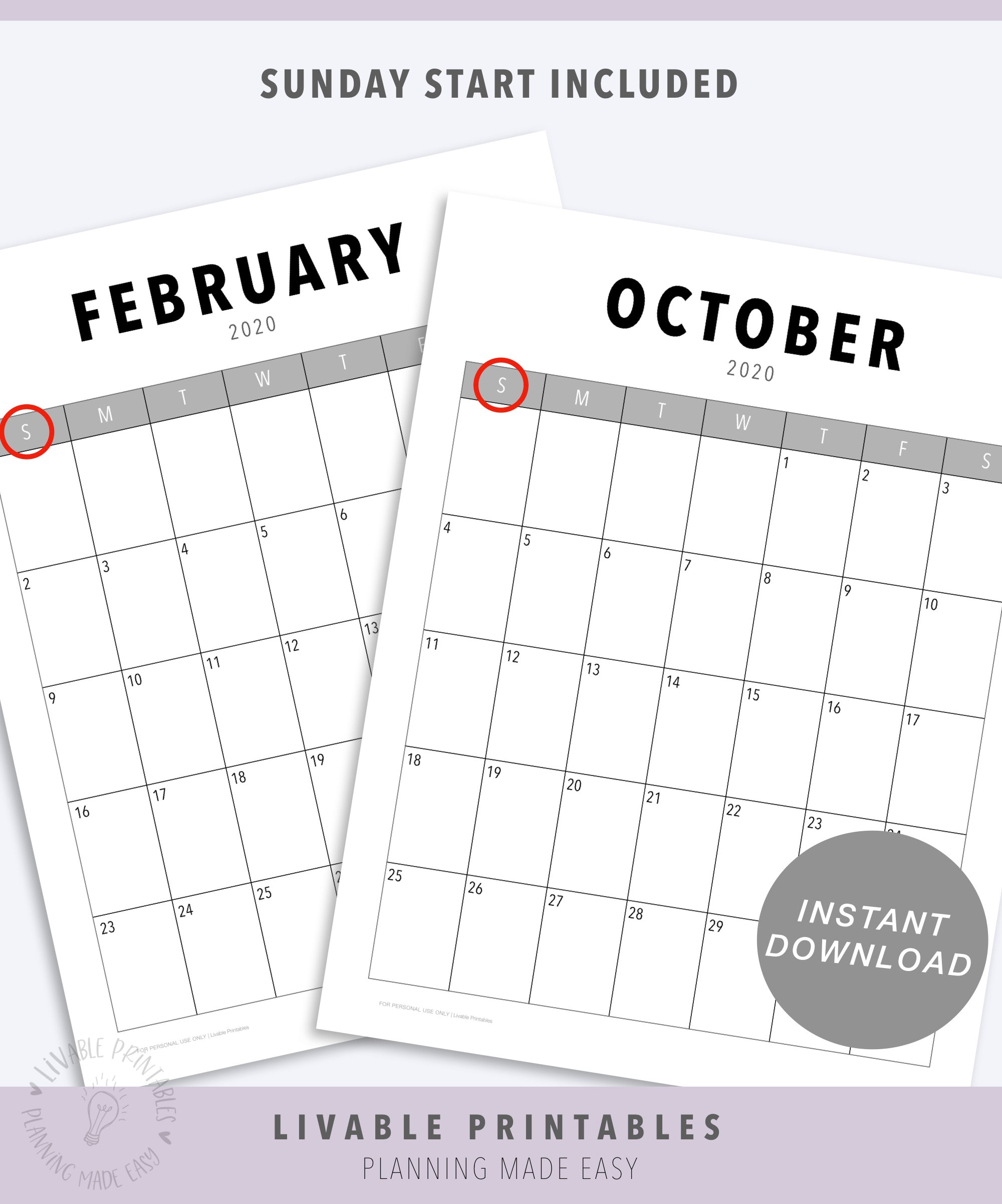2020 Calendar Printable | A4 & Letter Calendar - Etsy
