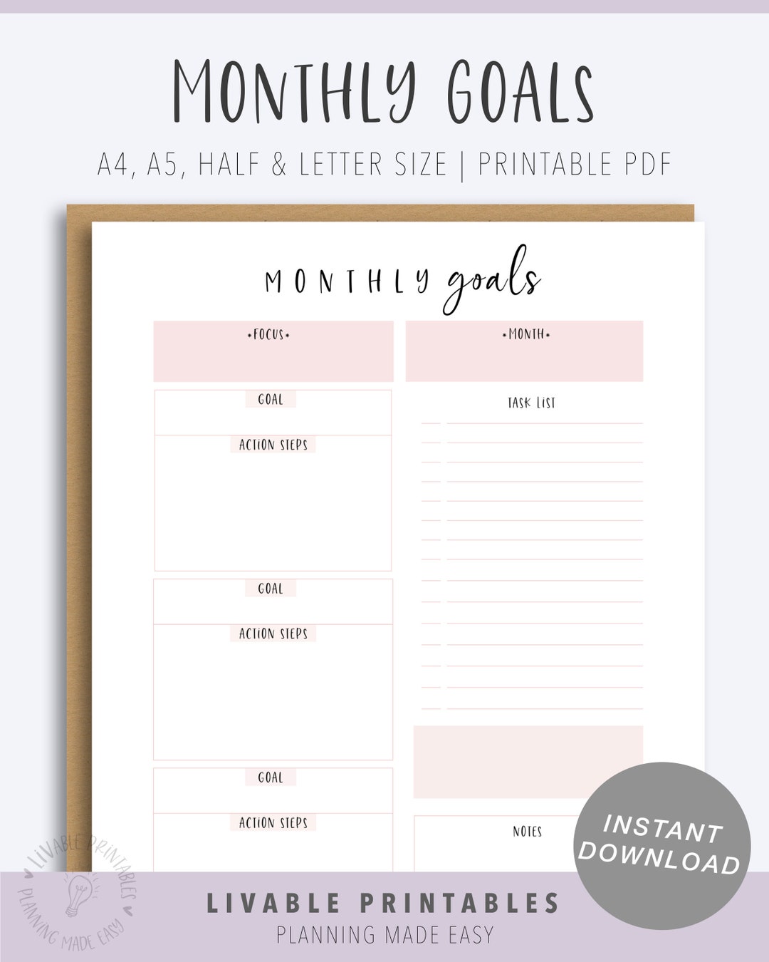 Monthly Goal Planner Printable PDF (Instant Download) - Etsy