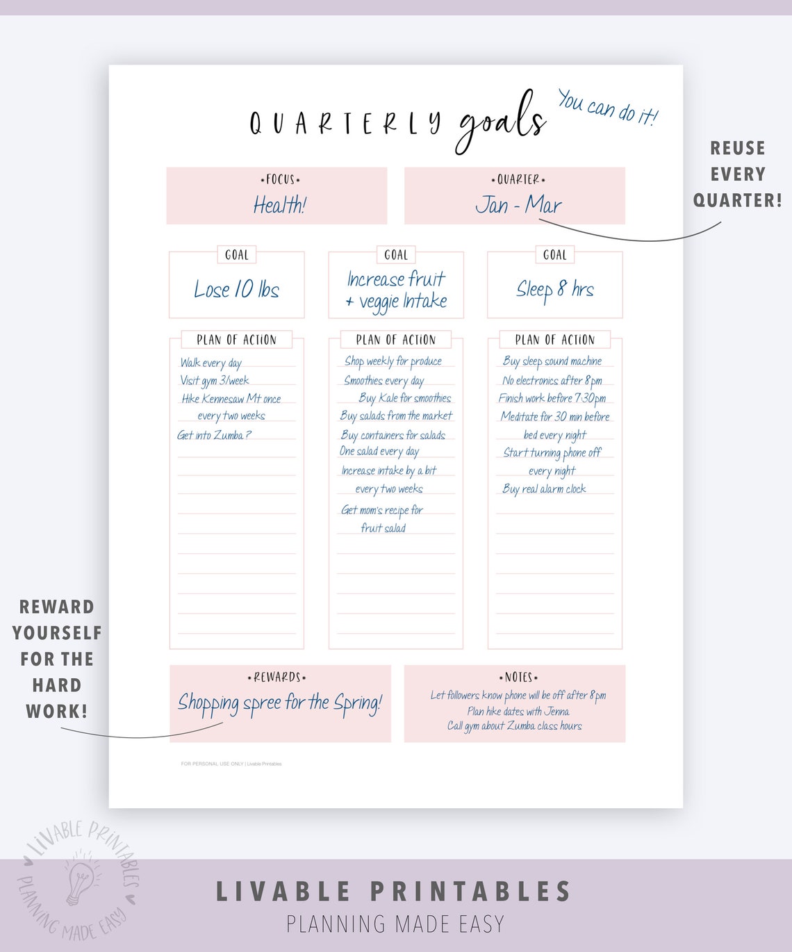 Quarterly Goal Planner | Printable PDF - Etsy