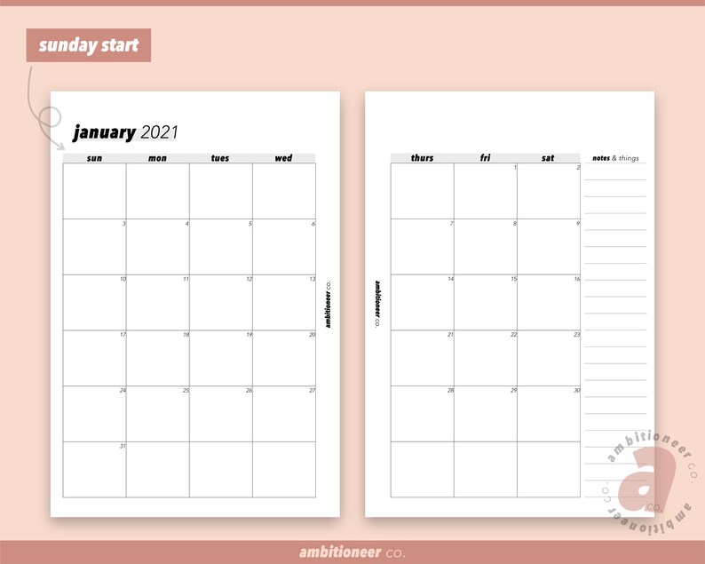 2021 Monthly Planner Printable A5 Planner Insert Dated Monthly on Two