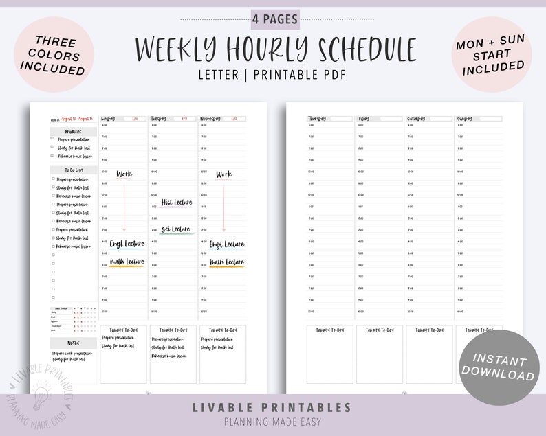 Hourly Schedule Undated Planner Weekly Hourly Planner Etsy