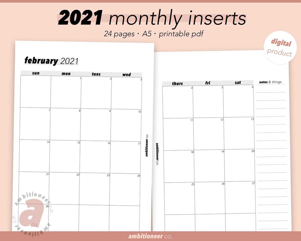 2021 Monthly Planner Printable A5 Planner Insert Dated Monthly on Two ...