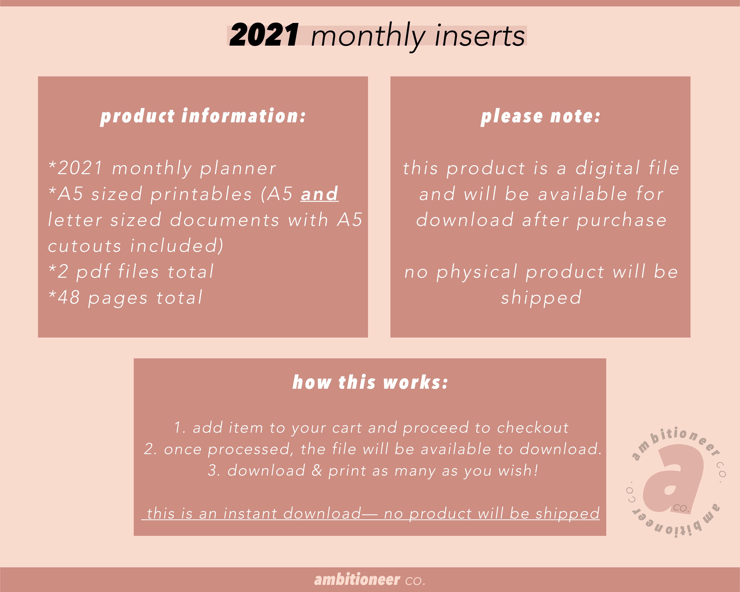 2021 Monthly Planner Printable | A5 Planner Insert | Dated Monthly on ...