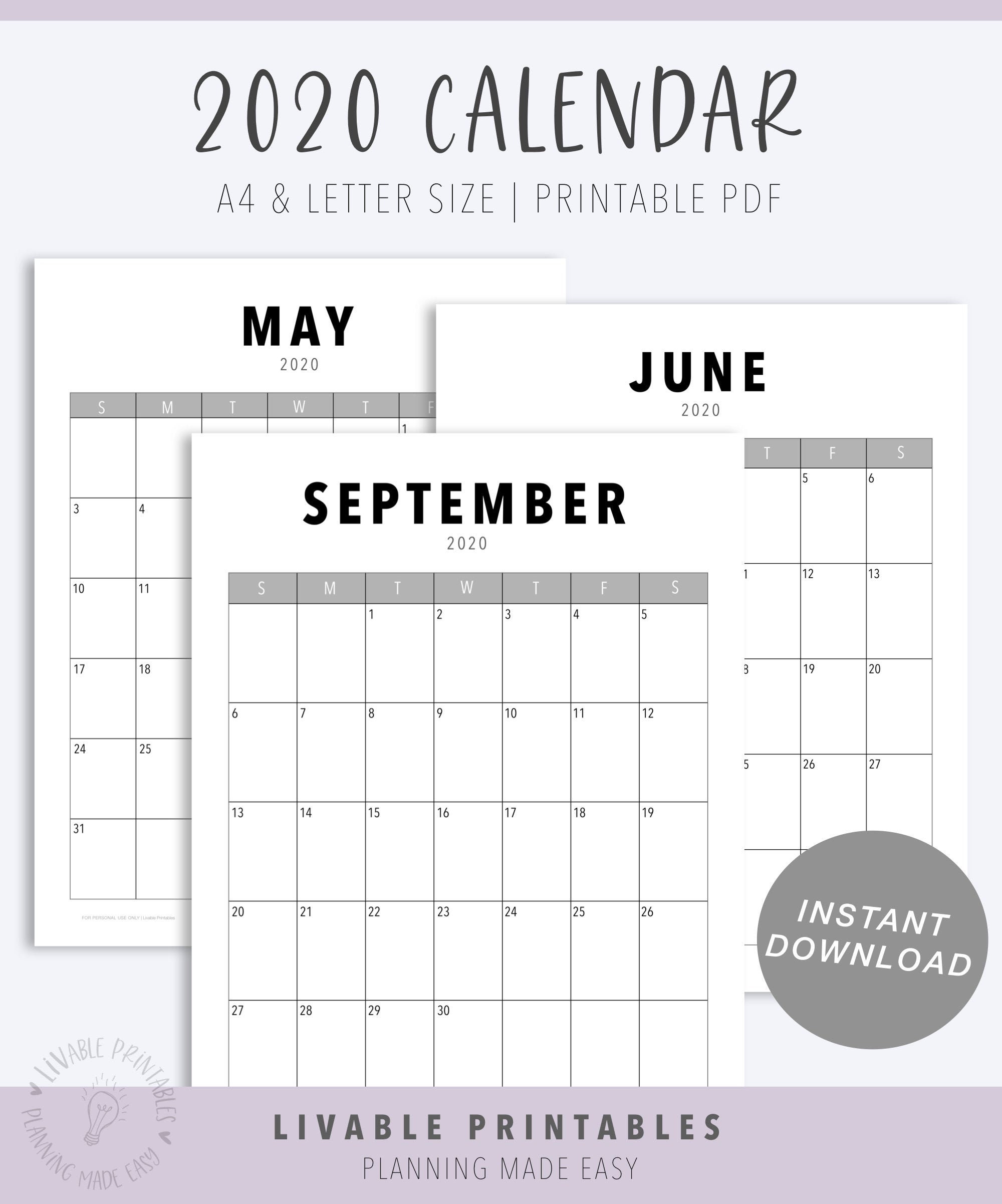 2020 Calendar Printable | A4 & Letter Calendar - Etsy
