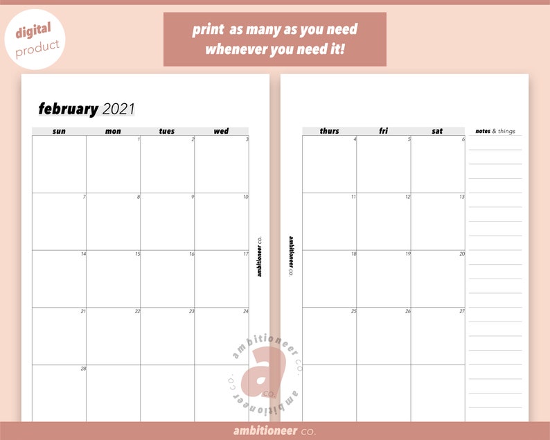 2021 Monthly Planner Printable A5 Planner Insert Dated Monthly on Two