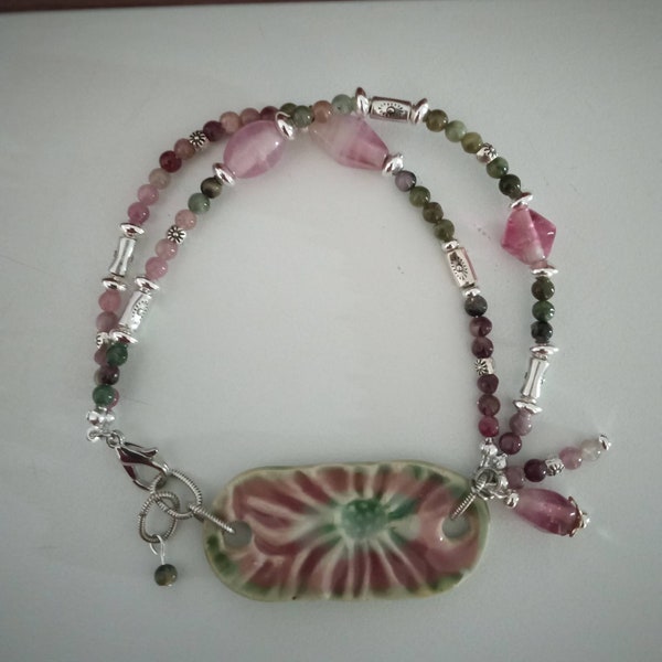 Ceramic ,Glass Bead and Tourmaline Bracelet, Two Strand