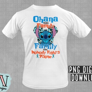 May include: White t-shirt with a blue Stitch character from Lilo & Stitch. The shirt has the text "Ohana means Family, Family means Nobody Fights Alone" with a blue ribbon.