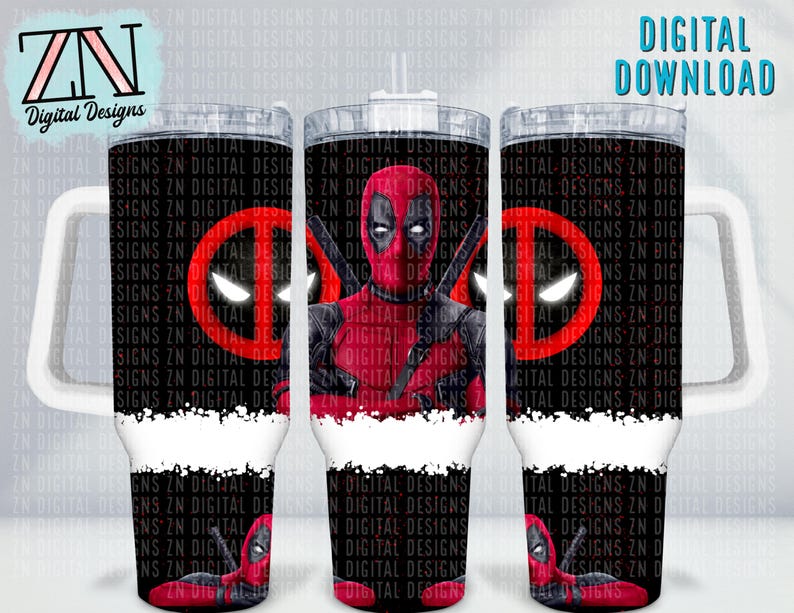 May include: A tumbler featuring a Deadpool design. The design includes the Deadpool character, a red and black color scheme, and the text "ZN Digital Designs" and "Digital Download". The tumbler has a white handle.