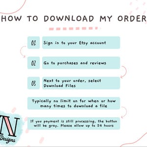 May include: A digital guide titled "HOW TO DOWNLOAD MY ORDER" with instructions for Etsy purchases. Steps include signing in, going to purchases, and selecting download files. The guide is on a white background with pink and blue accents, and a logo for "Digital Designs."