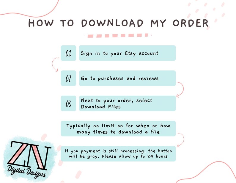 May include: A digital guide titled "HOW TO DOWNLOAD MY ORDER" with instructions for Etsy purchases. Steps include signing in, going to purchases, and selecting download files. The guide is on a white background with pink and blue accents, and a logo for "Digital Designs."