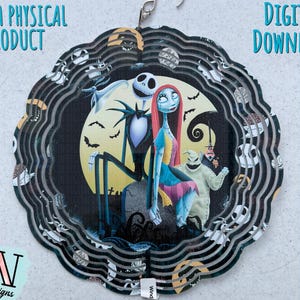 May include: A circular wind spinner featuring Jack Skellington, Sally, and Oogie Boogie from The Nightmare Before Christmas. The design includes a black background with a full moon, bats, and a graveyard scene. The text "NOT A PHYSICAL PRODUCT" and "DIGITAL DOWNLOAD" are visible.