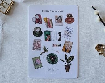 Op de afbeelding: Een witte kaart met de tekst "Tuesday Book Club" in zwart gedrukt. De kaart bevat verschillende illustraties van boeken, koffiekopjes, planten en andere objecten die te maken hebben met lezen en ontspannen.