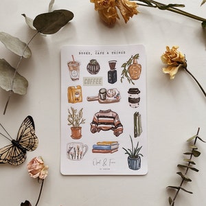 Hoja de pegatinas de libros, cafeterías y cosas