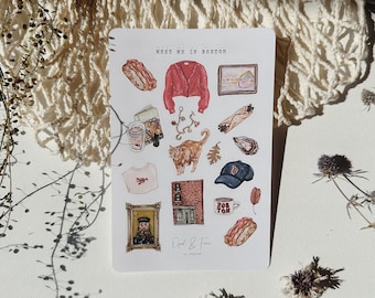May include: A sheet of stickers with illustrations of various items related to Boston, including a red cardigan, a building, a cat, a cup of coffee, a pastry, and a lobster. The text "Meet Me In Boston" is at the top of the sheet.