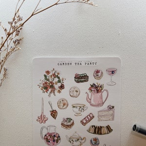 May include: A sheet of stickers featuring a garden tea party theme. The stickers are illustrated in a watercolor style and include images of teacups, teapots, cakes, pastries, flowers, and a cocktail glass. The text "GARDEN TEA PARTY" is printed at the top of the sheet.