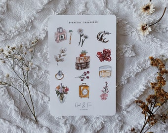 Könnte beinhalten: Ein Bogen Sticker mit Aquarelldesign, der Alltagsgegenstände wie eine Parfümflasche, einen Ring, einen Koffer, eine Kerze und Blumen zeigt. Die Sticker sind mit "Everyday Treasures" und "Opal & Fern" beschriftet.