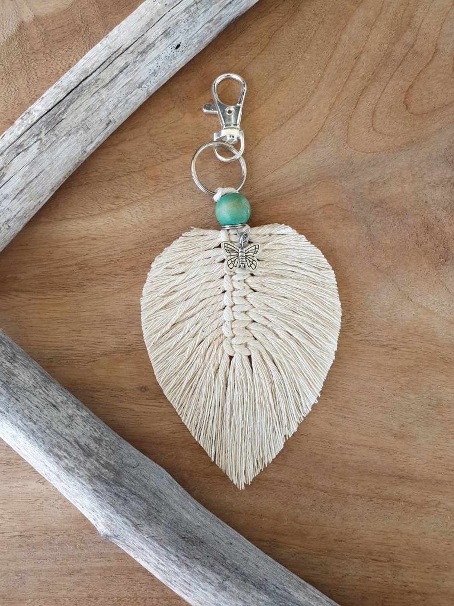 Handmade Macrame Feather Keychain With Wooden Bead and Charm Etsy