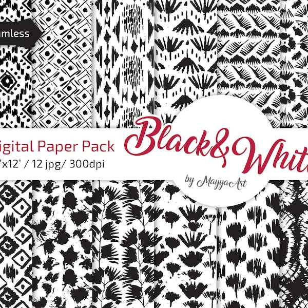 Indian digital paper, tribal digital paper, ethic digital paper, Boho Digital Paper: Black and white Scrapbook Pattern Set, Hand drawn pack