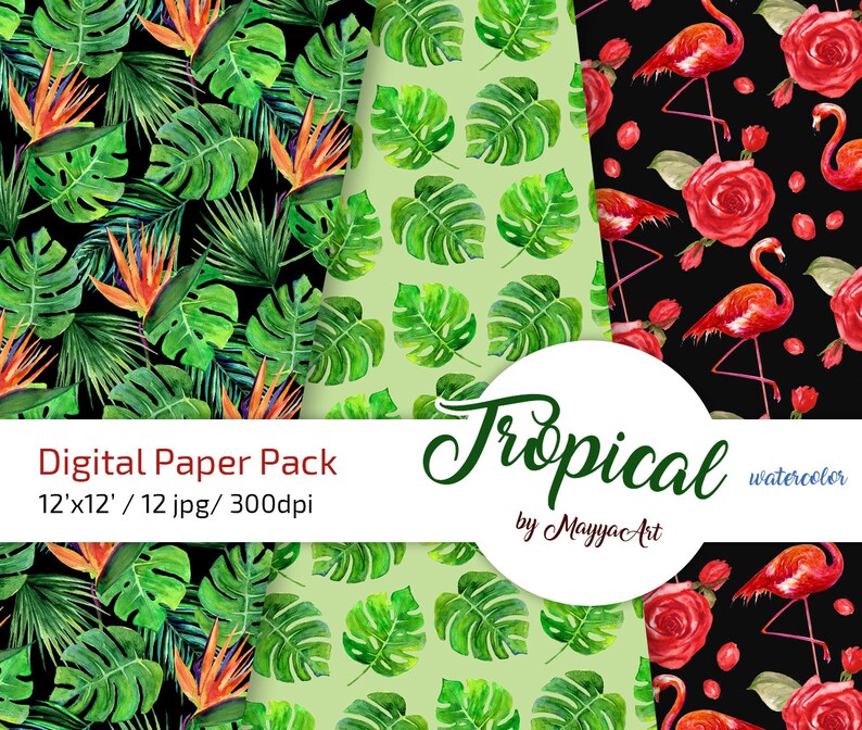 Tropical Leaves Seamless Pattern Watercolor Digital Paper - Etsy